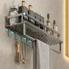 50cm Bathroom Storage Rack with Hooks and Towel Bar Wall Mounted No Drill Ventilated Draining Organizer