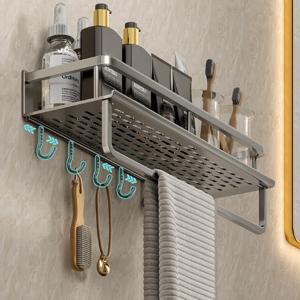 50cm Bathroom Storage Rack with Hooks and Towel Bar Wall Mounted No Drill Ventilated Draining Organizer