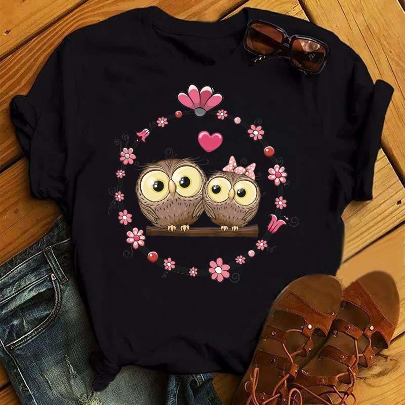 BestSelling Cute Owl  Cat Headwear Printed RoundNeck ShortSleeved TShirt Modal Fabric S