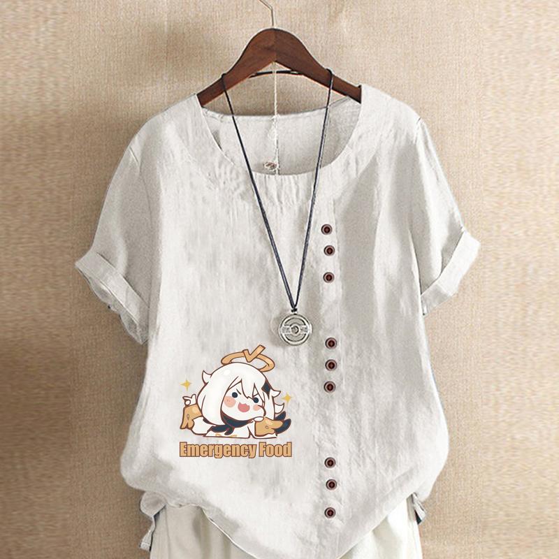 Damenmode Rundhals Kurzarm T-Shirt Lässiges Baumwollleinen Grafikhemd Freizeit Lose Cartoon Mädchen Gedruckt Sommer Bluse Tops Übergröße