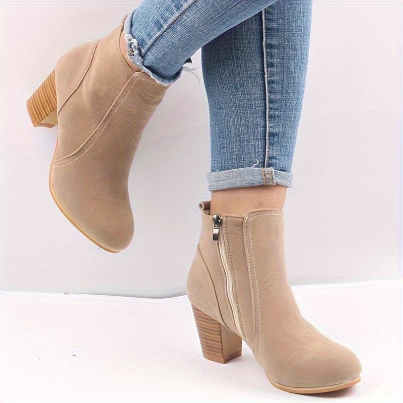 Beige Women's Round Toe Side Zipper High Block Heel Ankle Boots - Cover-Like Fabric Upper, Comfortable Thick Heel  Platform, Durable Rubber Sole