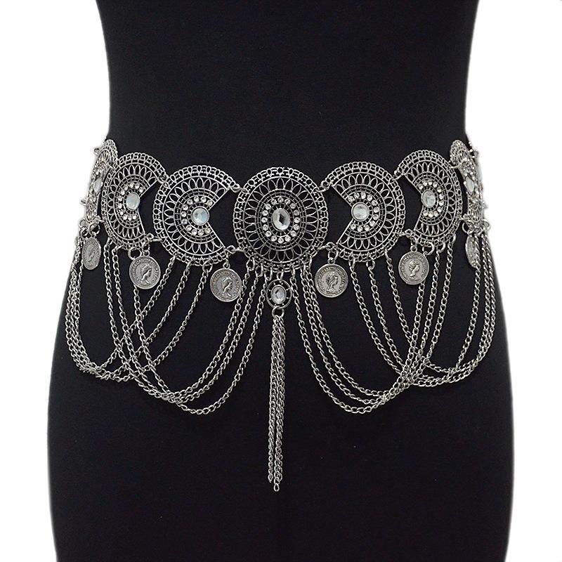 Mei New women's belt - rhinestone-embellished vintage metal coin pendant belly dance waist chain