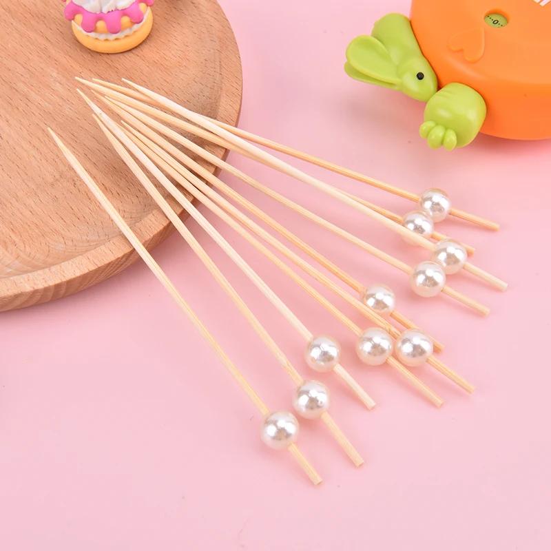 100Pcs Pearl Cocktail Picks Wooden Toothpick Skewer Snack Fork Fruit Picks