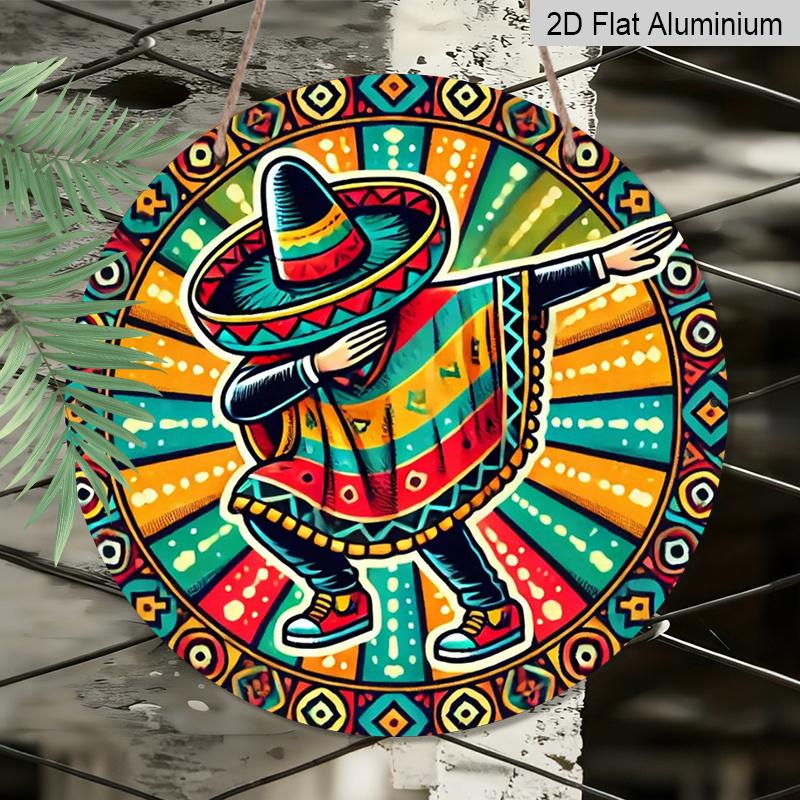 2D Flach, 1 Stück 7,87 Zoll Rundes Aluminiumschild, Mexikanisches Fiesta Sombrero & Maracas Design, Lebendige Kulturelle Metallwandkunst, Einfach Aufzuhängen Innen-/Außenbereich Dekor