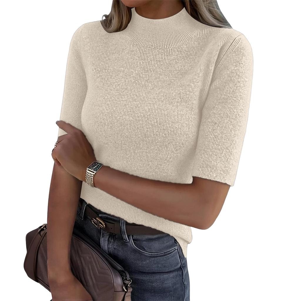 Women’s Short Sleeve Mock Neck Knitted Pullover Sweater Top Soft Ribbed Stretchy Slim Fit Lightweight Basic Jumper
