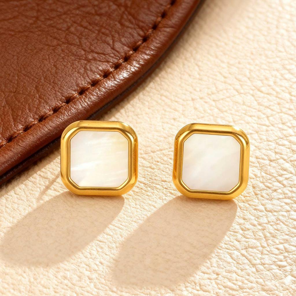Chic Stainless Steel Square Natural Shell Stud Earrings for Women, Trendy Exquisite Daily Party Jewelry Accessories Gift Unisex