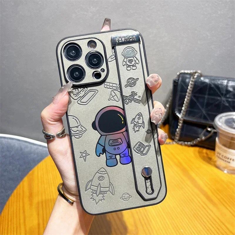 Luxury Laser Astronaut Wrist Strap Holder Leather Case for IPhone 15 14 13 12 Pro Max Plus 11 IPhone13 IPhone15 ProMax i15 Cover
