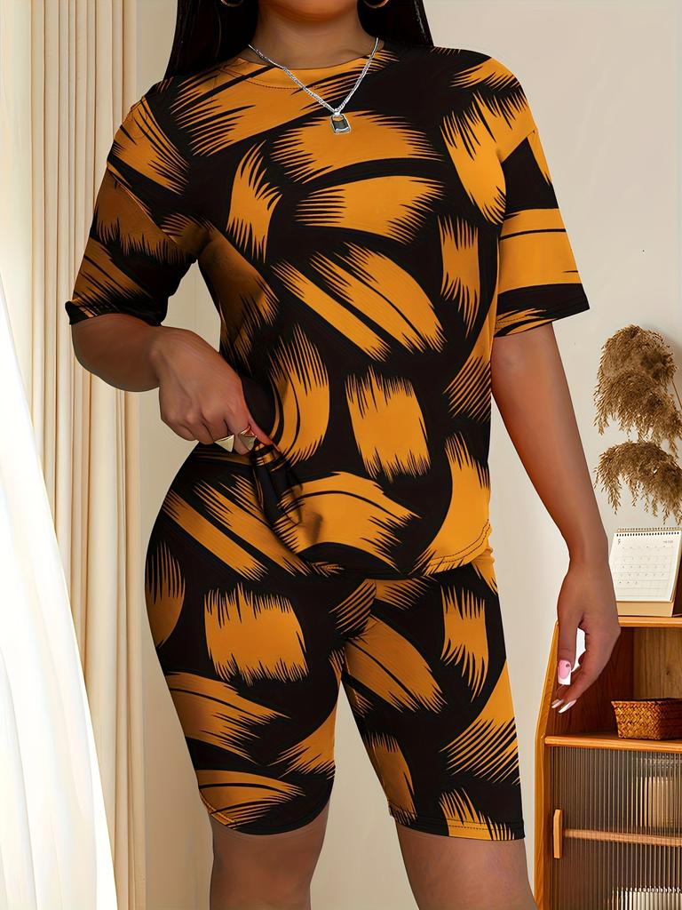 Love Women's Casual Suit Short Sleeve Shorts 1D Digital Flower Stripe Printing Fashion T-Shirt Set
