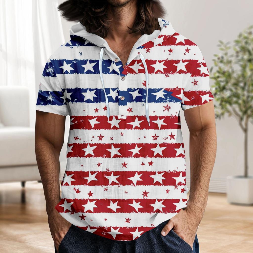 Men'S Casual Short Sleeved Hooded Top Buttoned Open Neck T-Shirt