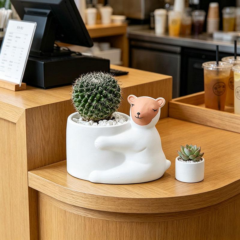 Cartoon Ceramic Planter Pot, Small Succulent Cactus Flowerpot, Cute Green Plant Desktop Decoration for Home