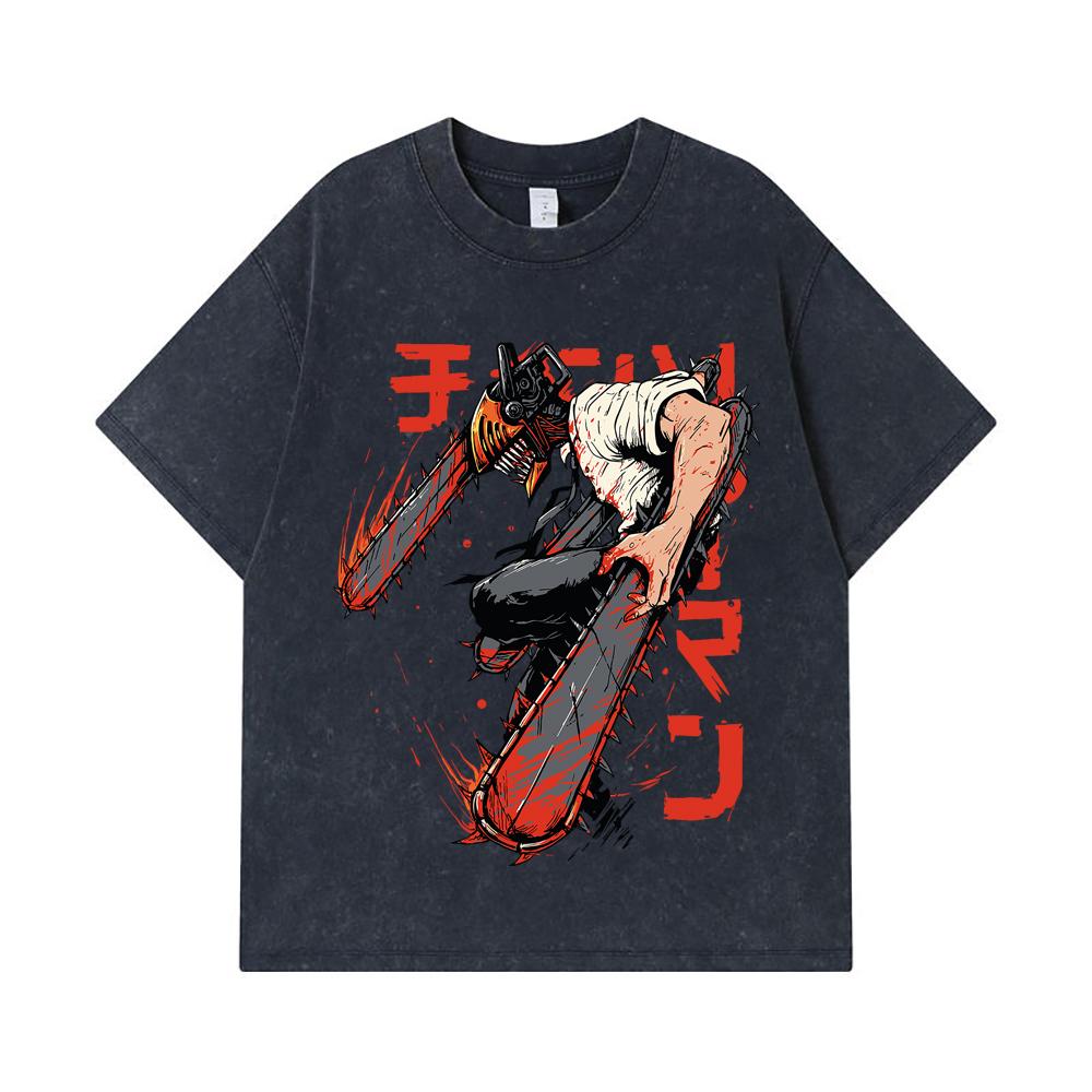 275 GSM Washed T-shirts 100% Cotton Chainsaw Man V21 Denji Print Unisex Heavy Cotton T Shirt