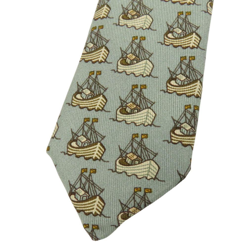 Used HERMES Tie Ship Motif Silk Dark Marks Green Business