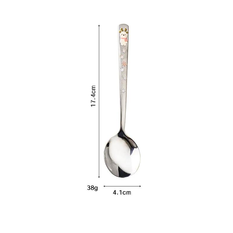 2026 New 304 Stainless Steel Round Spoon Cartoon Embossed Deer Spoon Korean Style Household Long Handle Drinking Spoon yuzi
