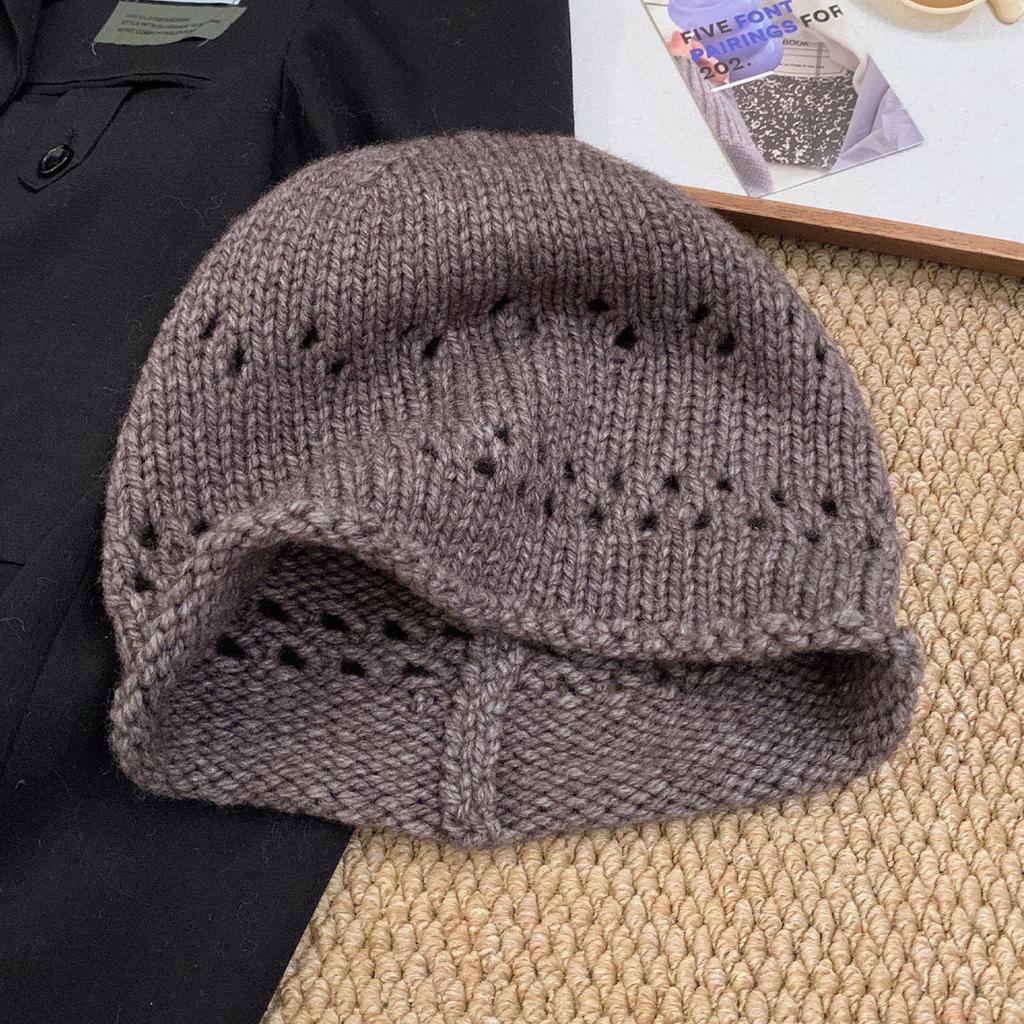 Hollow knitted headgear female niche retro literary temperament versatile big head circumference showing face small pullover hat