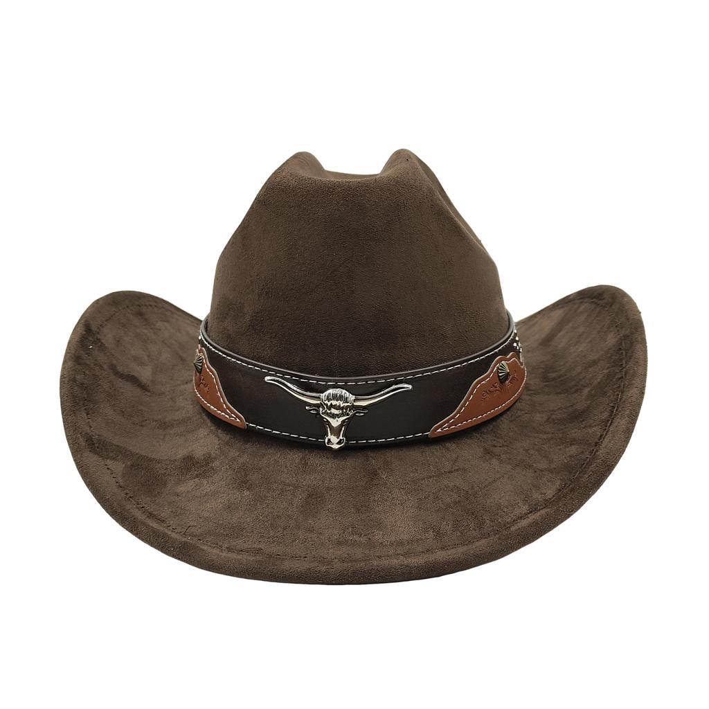 Cow Head Belt Suede Leather 7.5Cm Western Cowboy Fedora Hat Women'S Men'S Church Jazz Hat Fashion Travel Party Hat Denim Hat