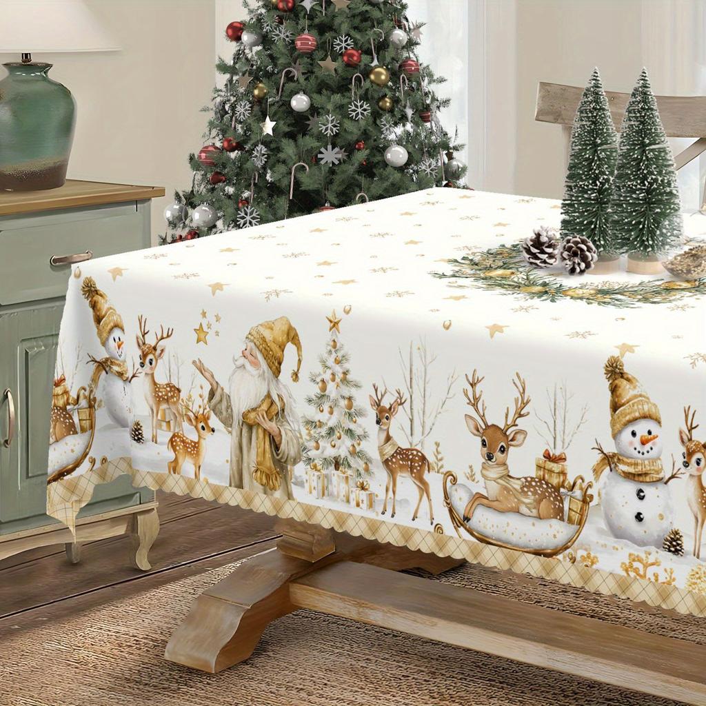 Elk Snowman Pine Christmas Rectangle Table Cloth Waterproof Washable Tablecloth for Indoor Outdoor Christmas Table Cover Decor
