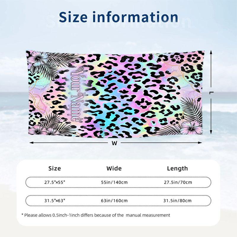 Rainbow Leopard 1 Theme Quick Dry Beach Towel Custom Name Text Print Large Sand Resistant Towel Beach Vacation