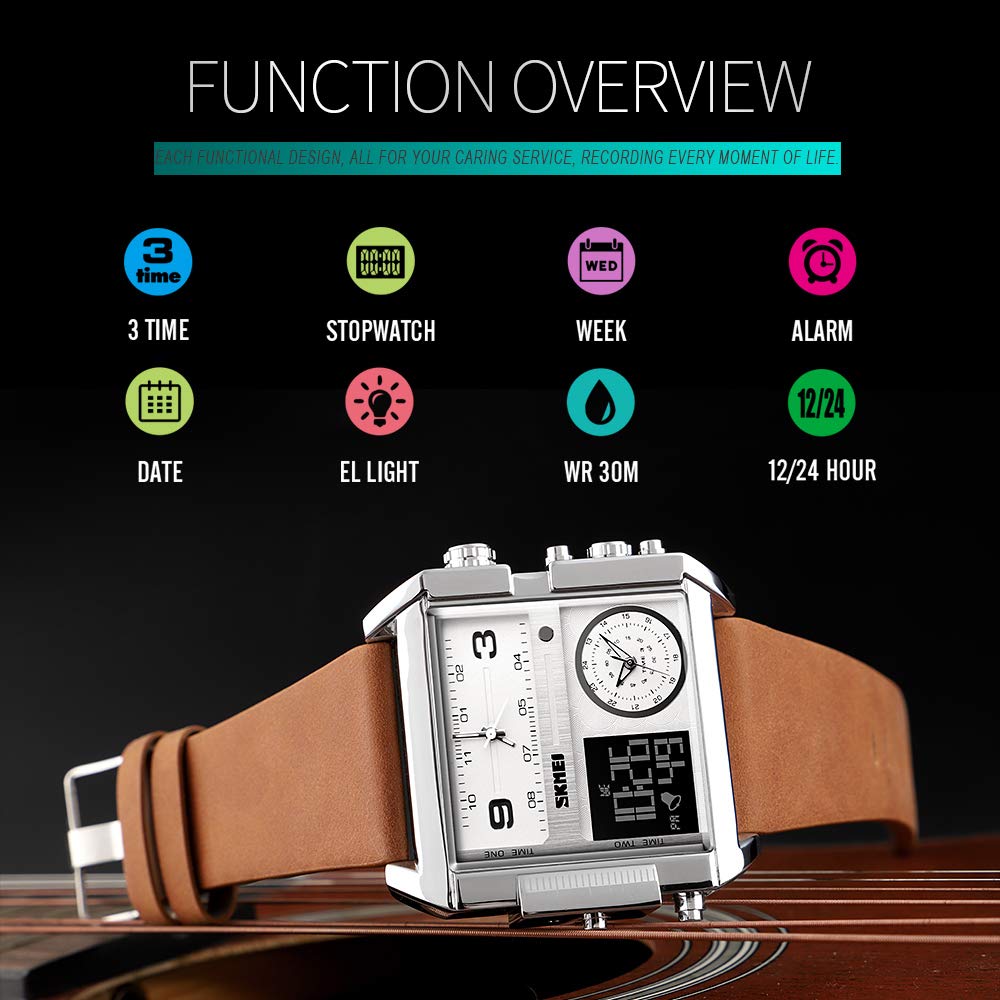 SKMEI Men's Digital Sports Watch LED Square Large Face Multi-Time Zone Waterproof Stopwatch Silver Brown