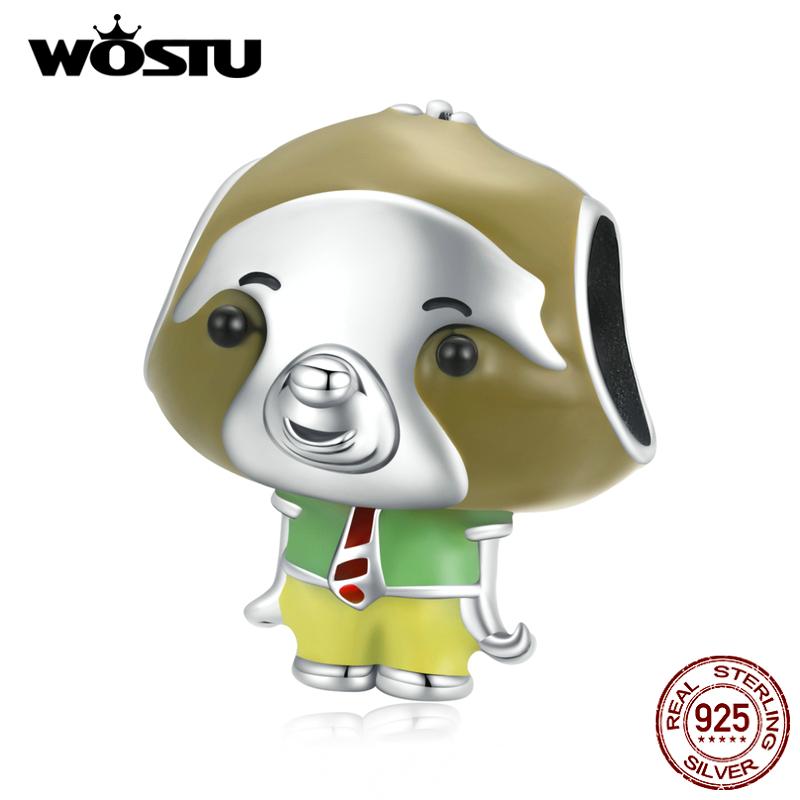 

WOSTU эмаль Ленивец Fun красный полосатый галстук стерлингового серебра 925 пробы бусины подходят браслет ювелирные изделия 925 silver