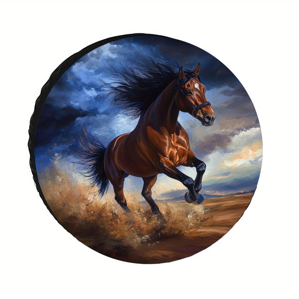 Galloping Horse Tire Cover - Durable Polyester Fit 28-34 Inch With Elastic Edges & Artistic Design For Car Exterior Accessories,