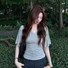 V-neck Kitty Print Bat Short-sleeved T-shirt Women's Summer Spice Slim and Thin Versatile Top