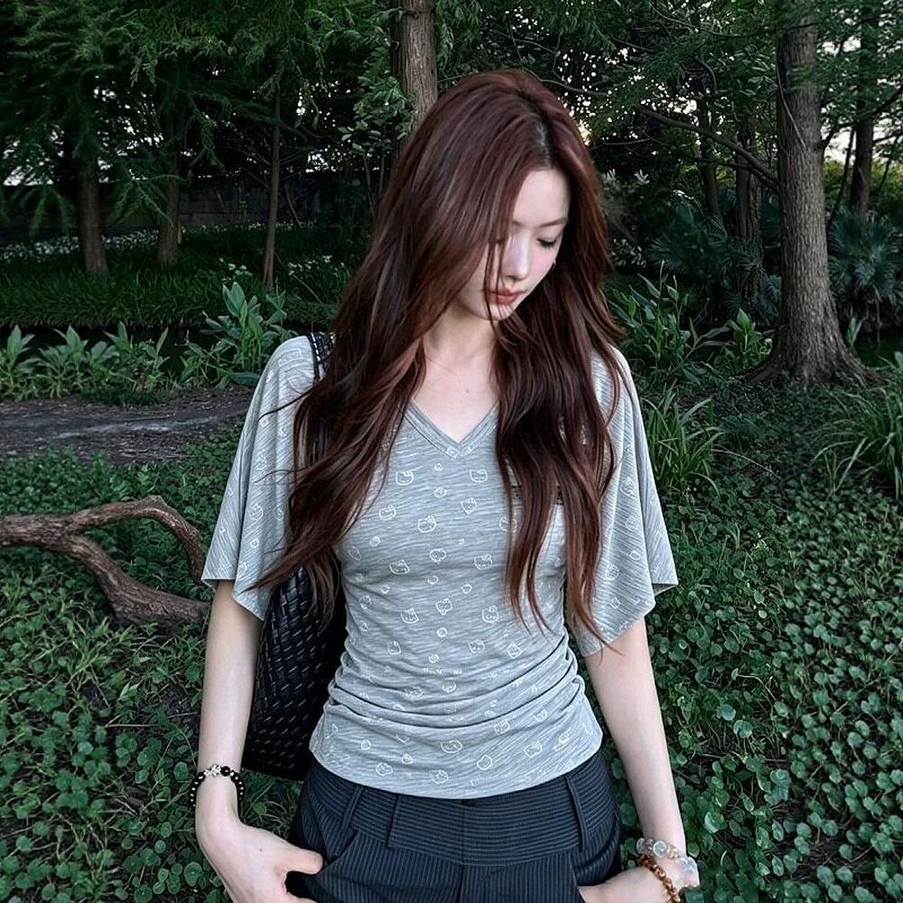 V-neck Kitty Print Bat Short-sleeved T-shirt Women's Summer Spice Slim and Thin Versatile Top