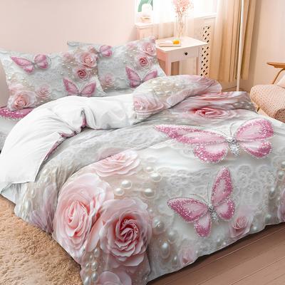 Ensemble 3 pièces Saint-Valentin Rose Rose Romantique Perle Papillon Housse de Couette Imprimée Haute Définition Linge de Lit Luxueux et Romantique