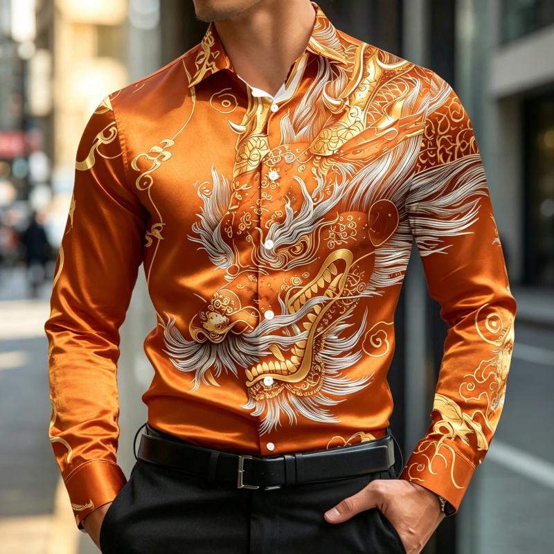 New Men's Long Sleeve Shirt Traditional Art 3D Printing Business Office Nightclub Wedding Casual Single breasted Men's Top