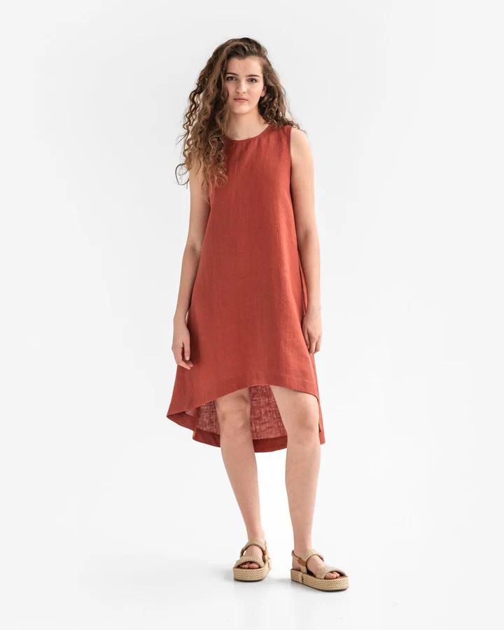 Summer Cotton Linen Solid Color Sleeveless Irregular Round Neck Long Dress
