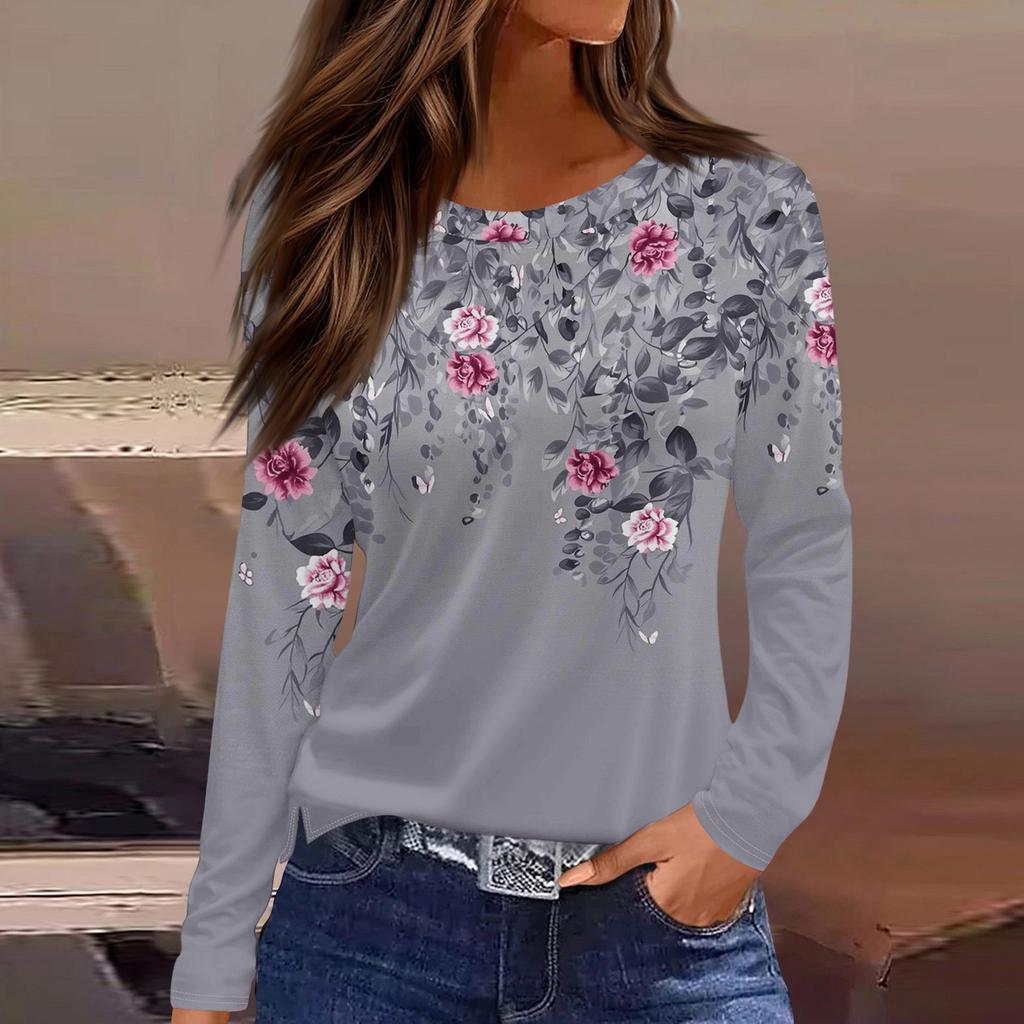 Dames casual T-shirt met split aan de zoom, ronde hals, lange mouwen en losse print.