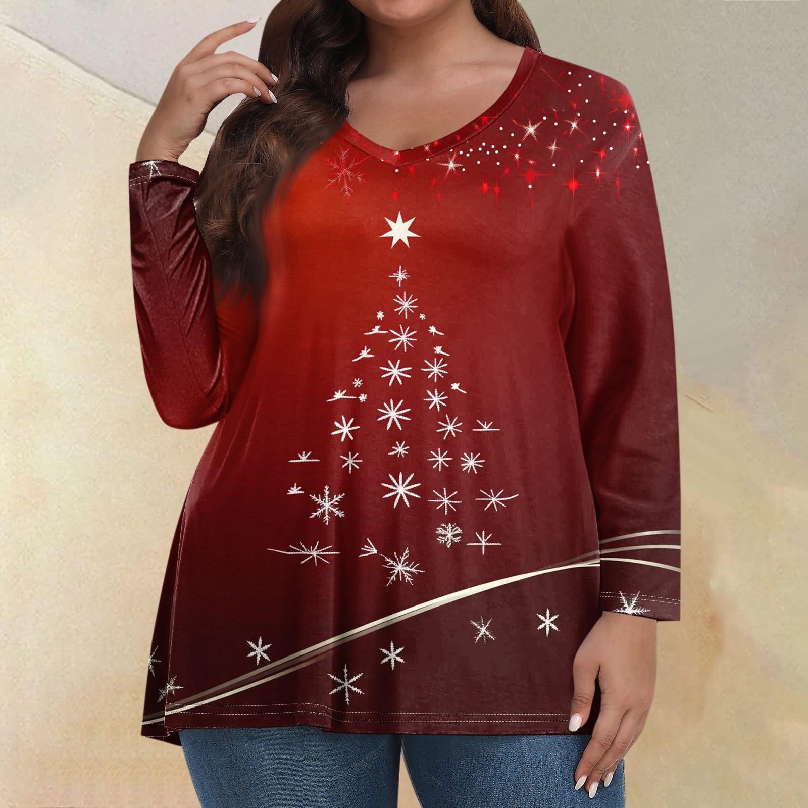 

Женские топы больших размеров с длинным рукавом и принтом, рубашки с V-образным вырезом, повседневная одежда, топы XL красный