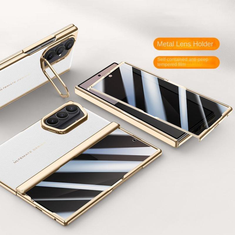 Husă simplă din piele electroplată cu balamale cu arc pentru Samsung Galaxy Z Fold 7, protecție completă din sticlă temperată pentru capacul din spate