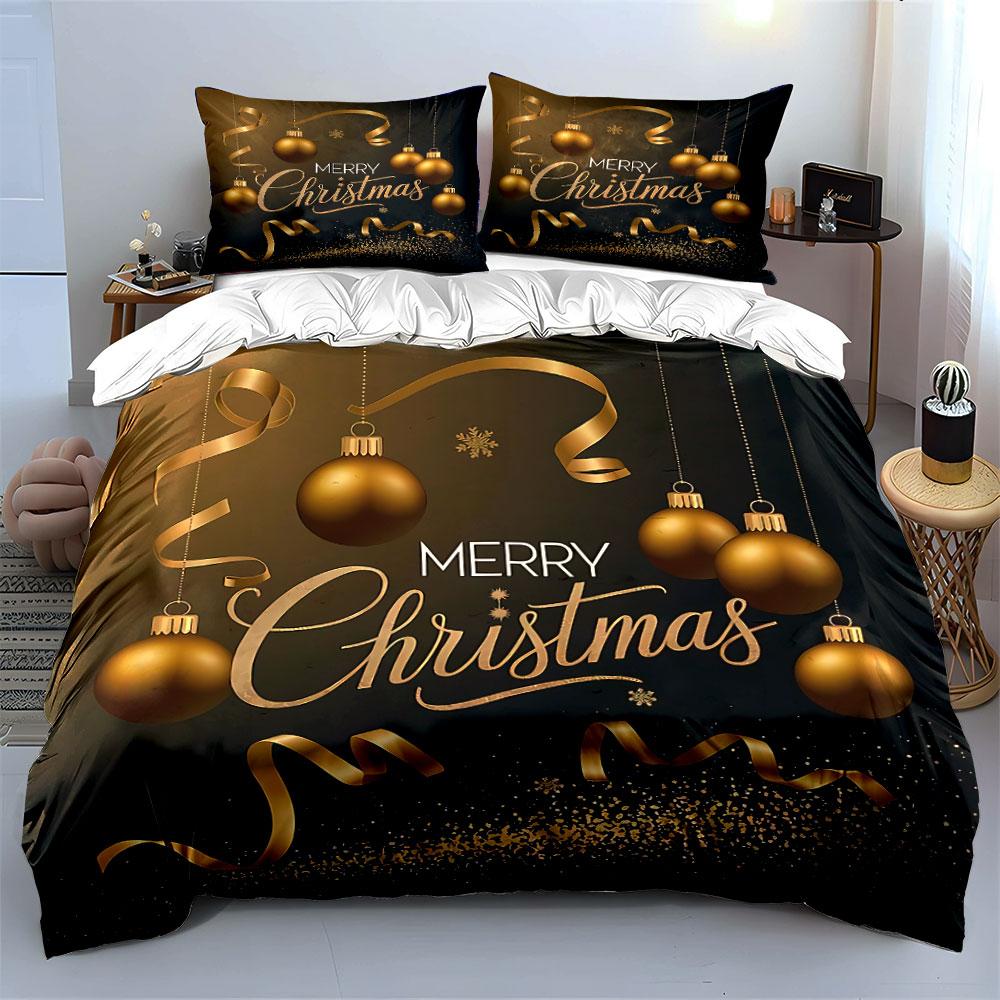 Golden Merry Christmas Decor Bedding Duvet Cover Set Duvet Cover Pillowcases  (1*Duvet Cover 2*Pillowcases, without duvet insert)