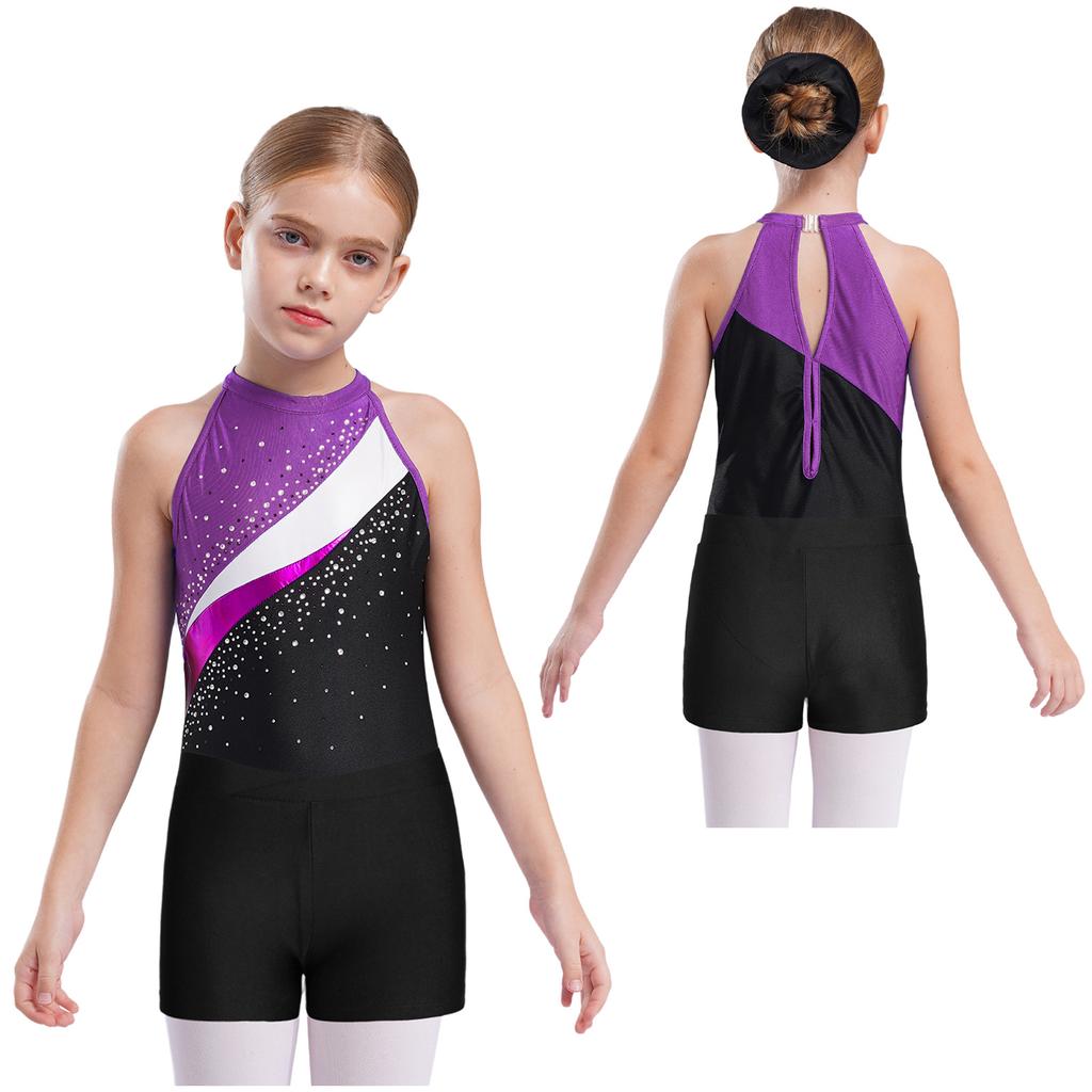 Copii Fete Tricou gimnastică fără mâneci Ballet Dance Biketard cu pantaloni scurți Set banda de păr Costume de dans Costum de baie Costum de baie