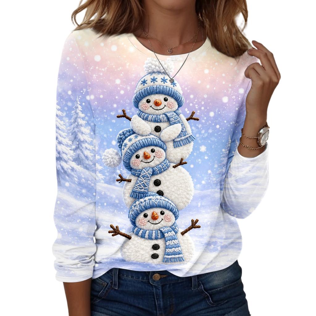 Women's Christmas Printed Long Sleeve Round Neck Top Casual Blouse