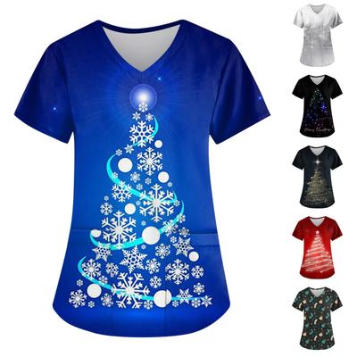 Damen Modisches T-Shirt mit Weihnachtsdruck, kurzärmelig, V-Ausschnitt, kleine Tasche, Arbeits-T-Shirt