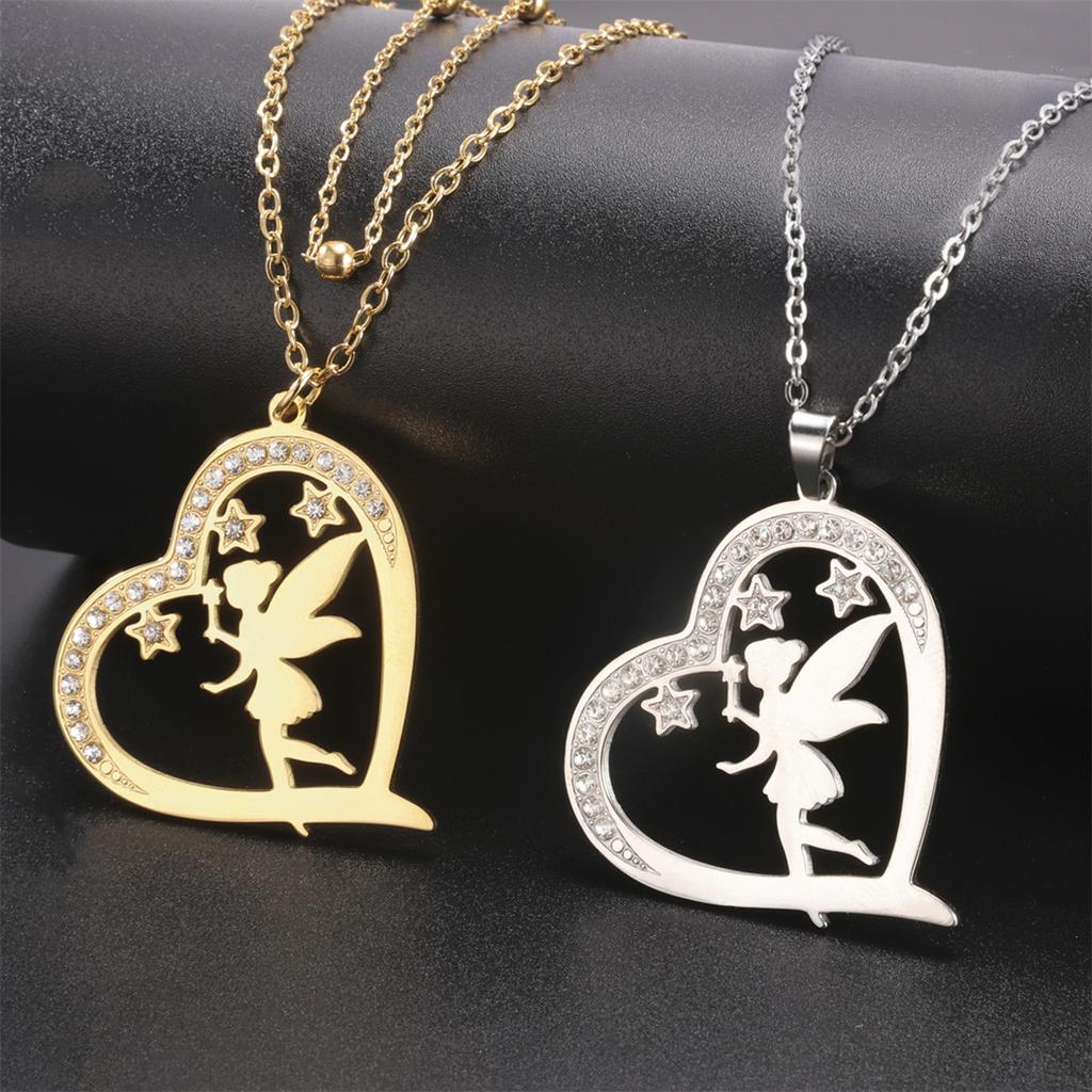 Heart Shaped Elves Fairy Pendant Necklace Stainless Steel Flower Angel Pixie Necklaces Rhinestones Birthday Jewelry Gift