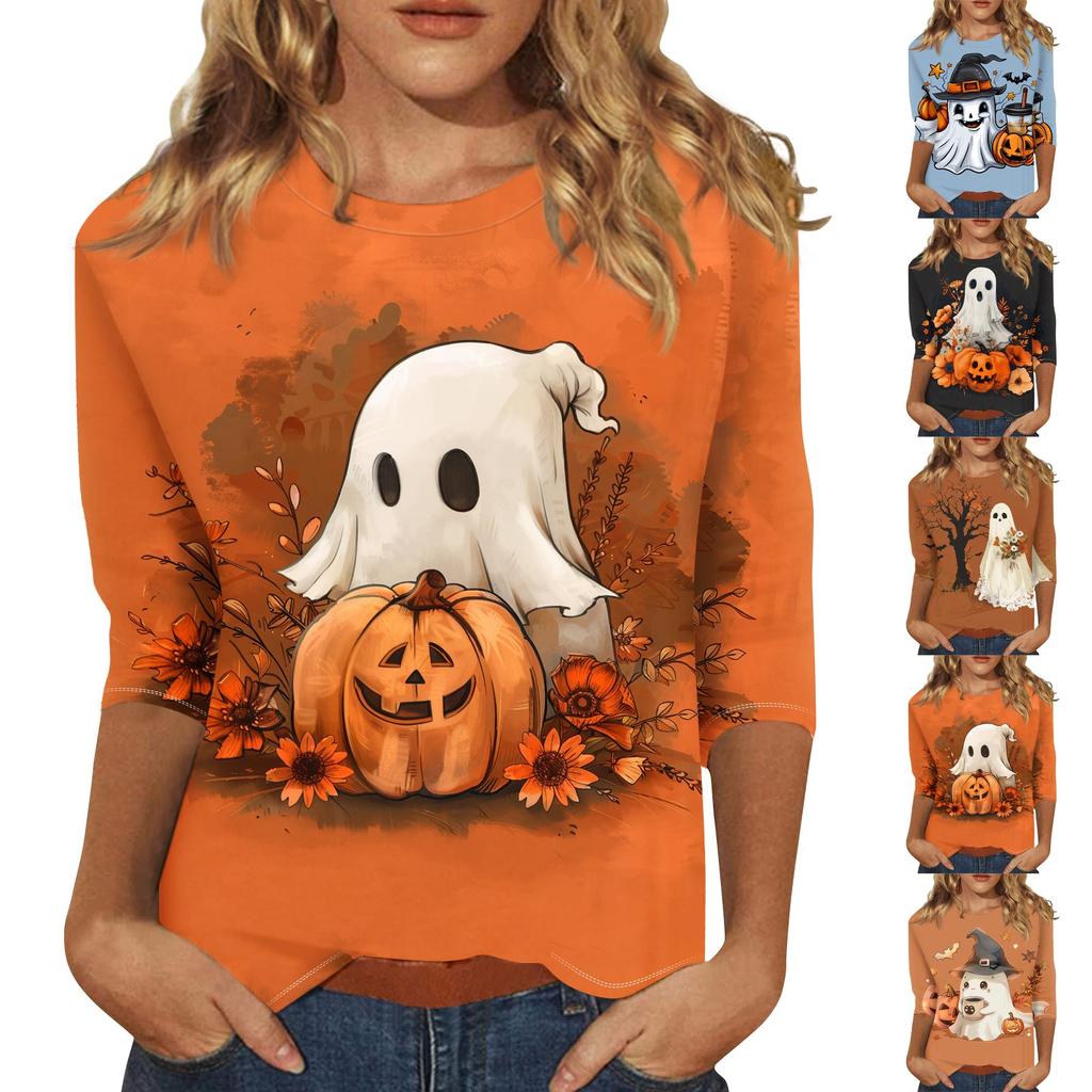 Women's Fashion Casual Three-quarter Sleeve Halloween Printed Round Neck Top
