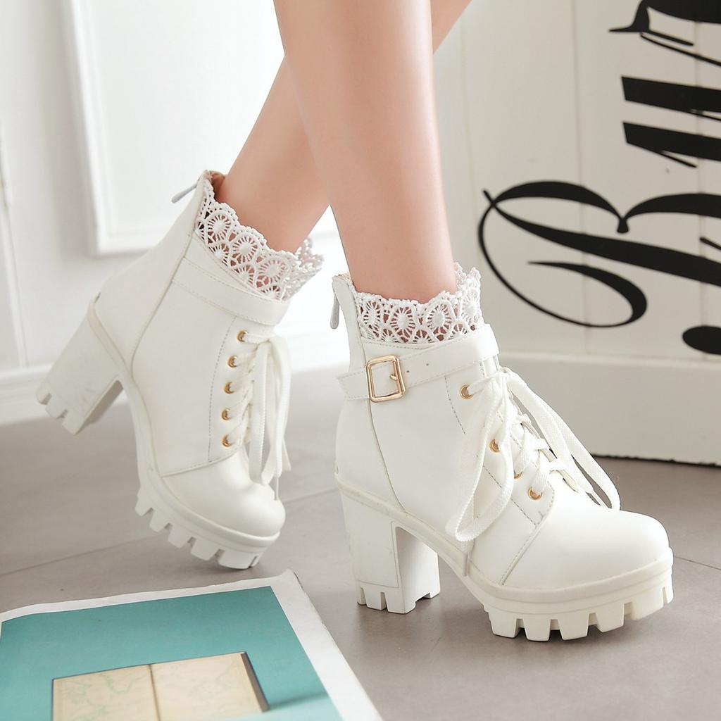 Women's white thick heel super high heel Martin boots fashionable European and American winter boots temperament short boots
