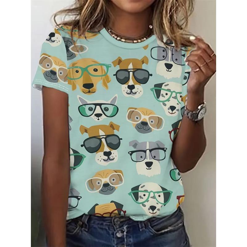 Summer women's dog cartoon animal round neck short sleeved T-shirt