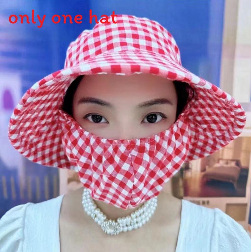 

Summer Sun Protection Hat With Mask Integrated Wide Brim Outdoor Cap For Cycling And Gardening Red Check
