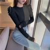 Stylish Puff Sleeve Folds Beading T-shirts Autumn Winter Solid Color Women's Clothing Vintage Basic Half High Collar Pullovers