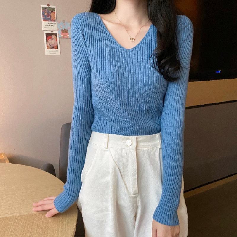Sweater women's autumn and winter new versatile slim-fitting v-neck bottoming knitted sweater foreign style inner long-sleeved tight top