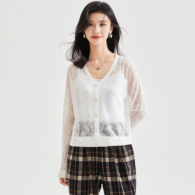 

Women s Silk Blend Hollow-Out V-Neck Knit Cardigan M