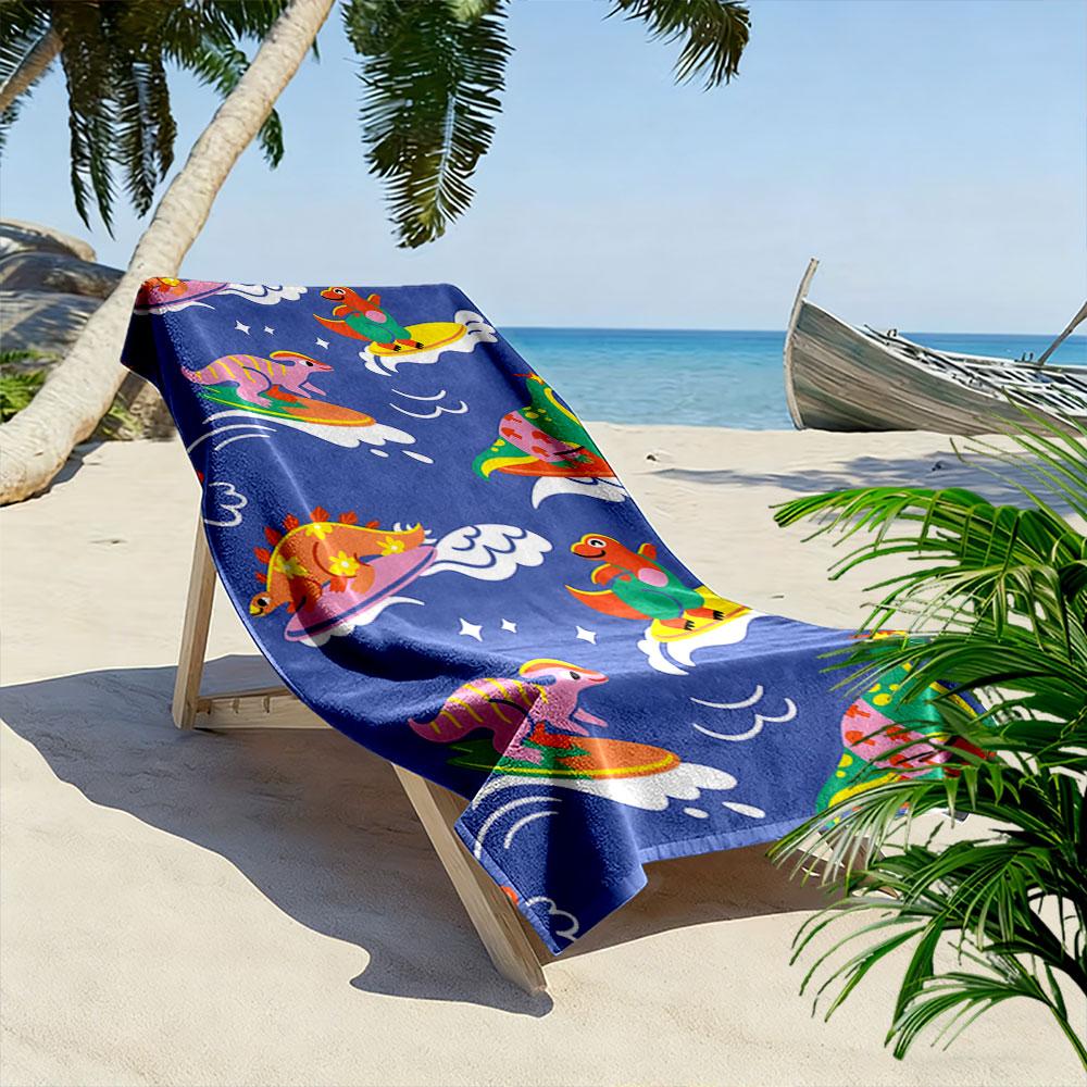Joyful dinosaurs surfing waves Print beach towel, quick drying, suitable for travel, outdoor sports, jogging, the beach and swimming, gift
