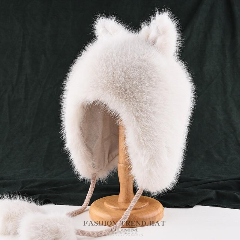 Womens Fuzzy Ear-Protective Beanie Hat Winter Warm Cute Fox-Ear Style Cap Soft Plush Knit Cold Weather