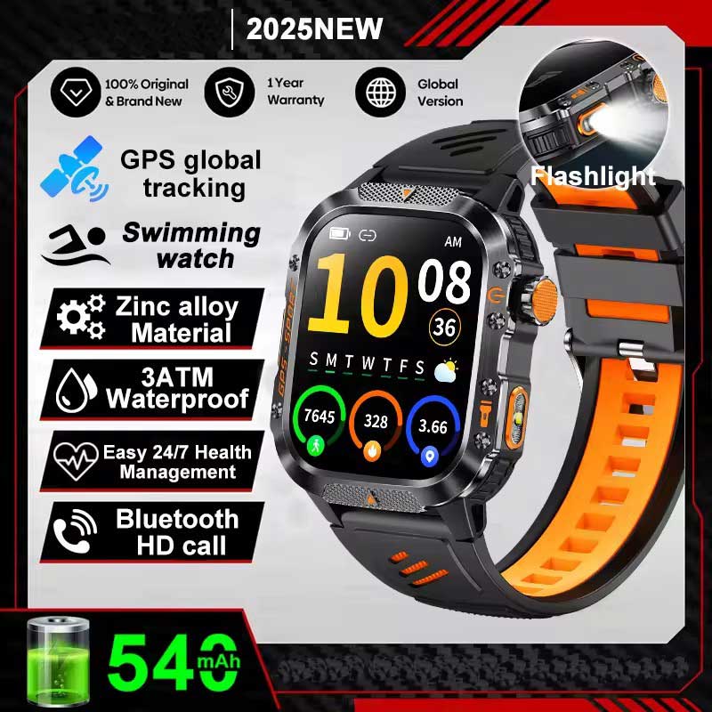 Vojenské chytré hodinky s vestavěným GPS, kompasem, výškoměrem, vodotěsností 3ATM IP69K, AMOLED displejem, Bluetooth voláním, 2,01" chytré hodinky pro Android a iOS