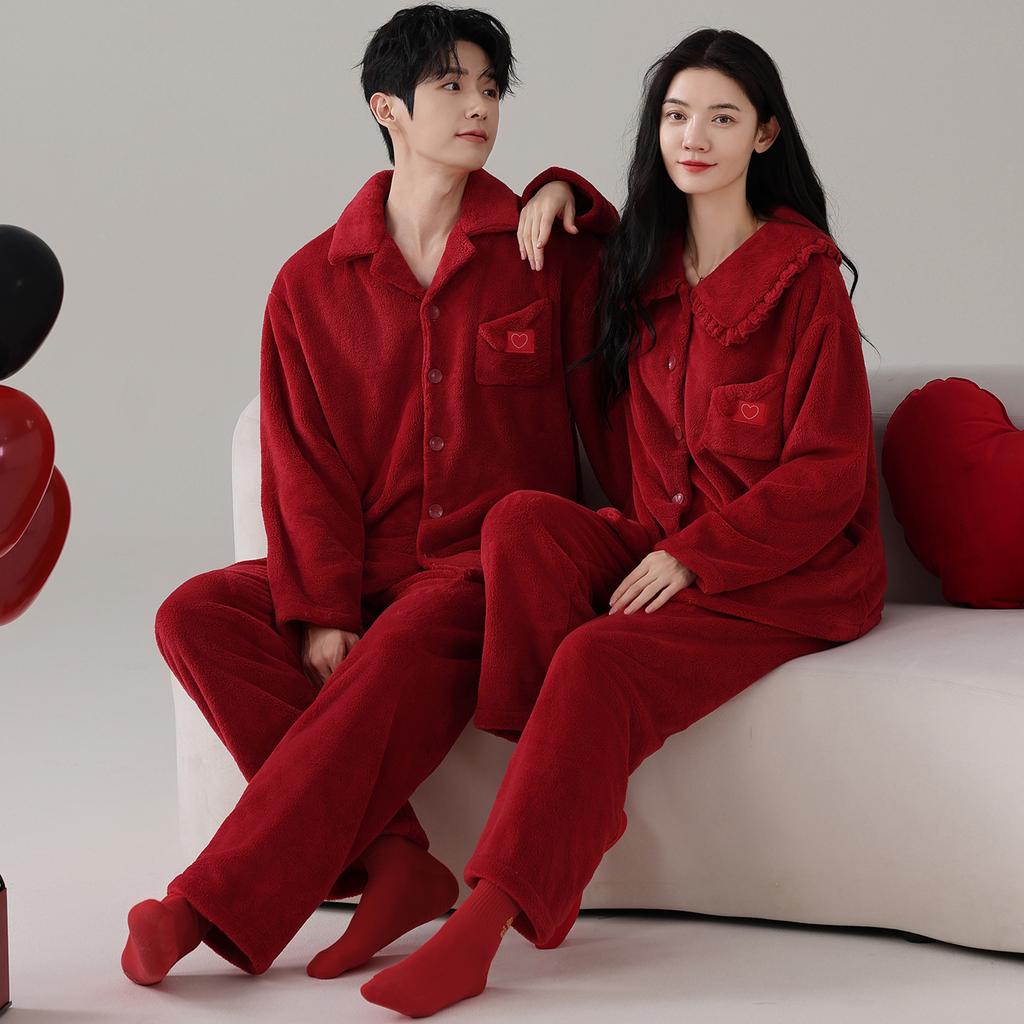 Coral Fleece Red Wedding Pajamas Newlywed Couple Suit Autumn And Winter Thickened Flannel Natal Year Loungewear For Men And Women