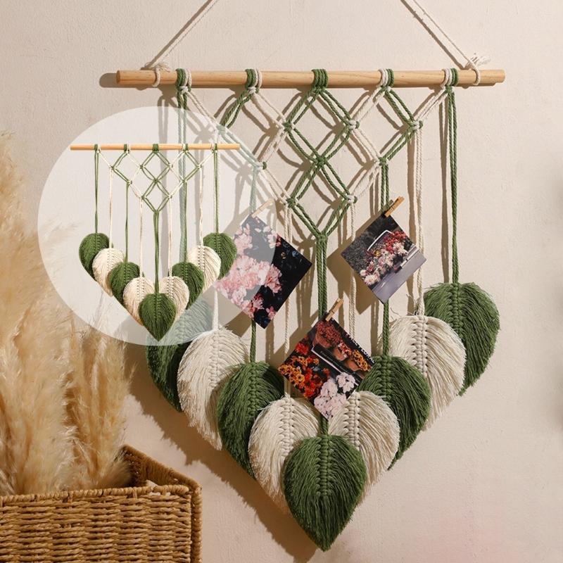Natural Cotton Macrames Wall Art Leaf Pattern Hanging Decoration with Fringes For Home Interior Bedroom Nursery Decors