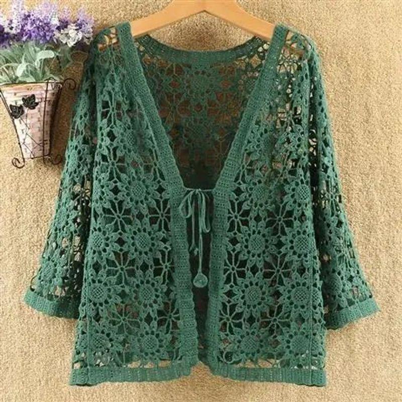 

Hollow out Loose Strap Cardigan Jacket Cut Out Loose Lace-up Cardigan Outwear Green One size